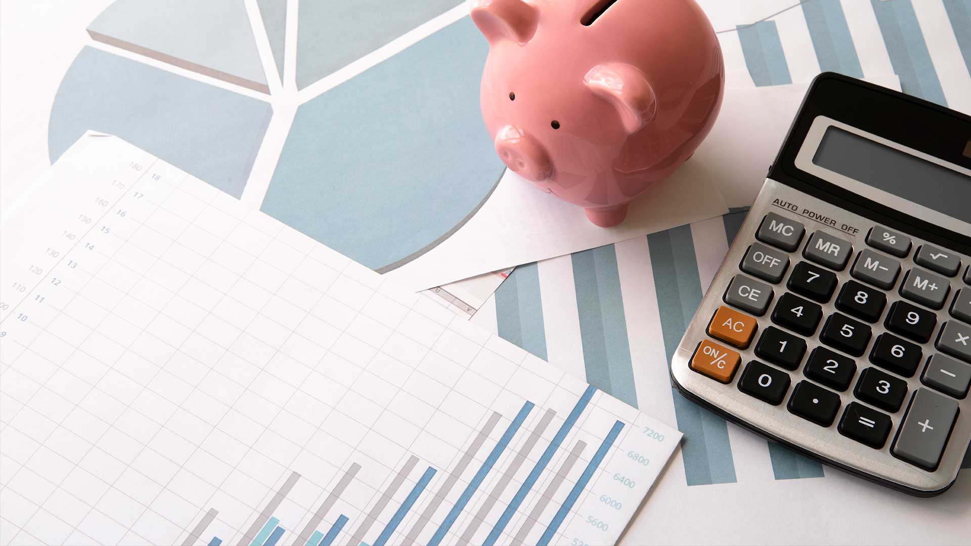 Fotografia com gráficos sobre a evolução dos investimentos, uma calculadora e um mealheiro cor-de-rosa em forma de porco.