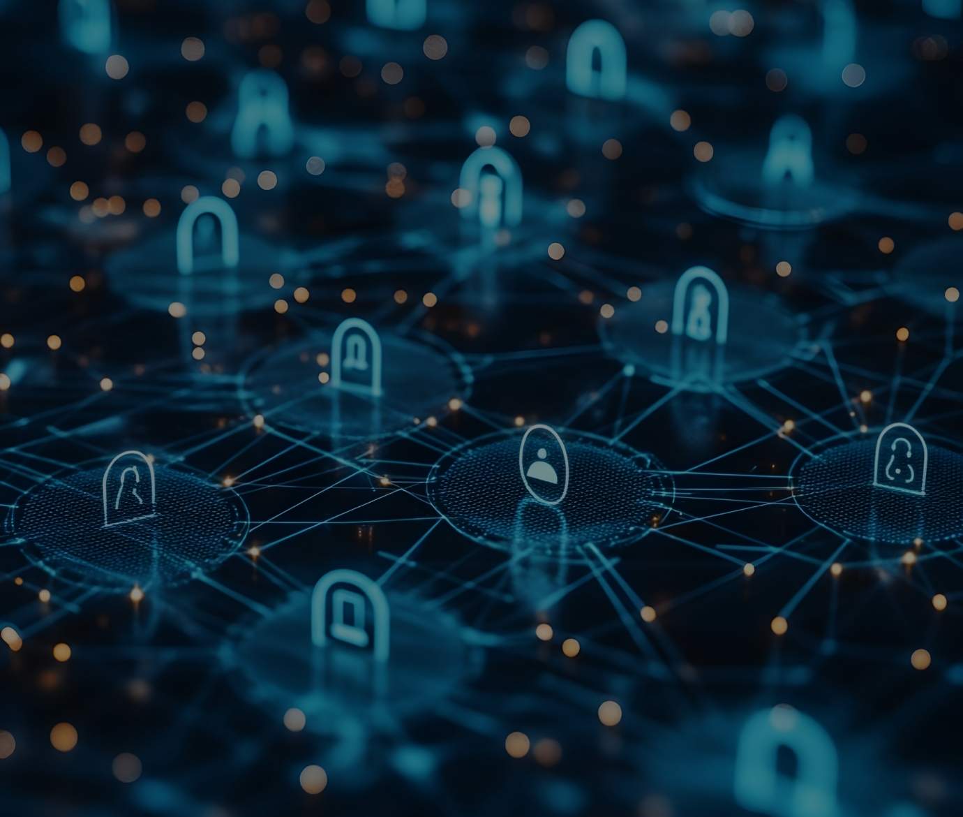 Rede digital interconectada com ícones de cadeados, simbolizando a segurança da informação e a prevenção de riscos de dados.