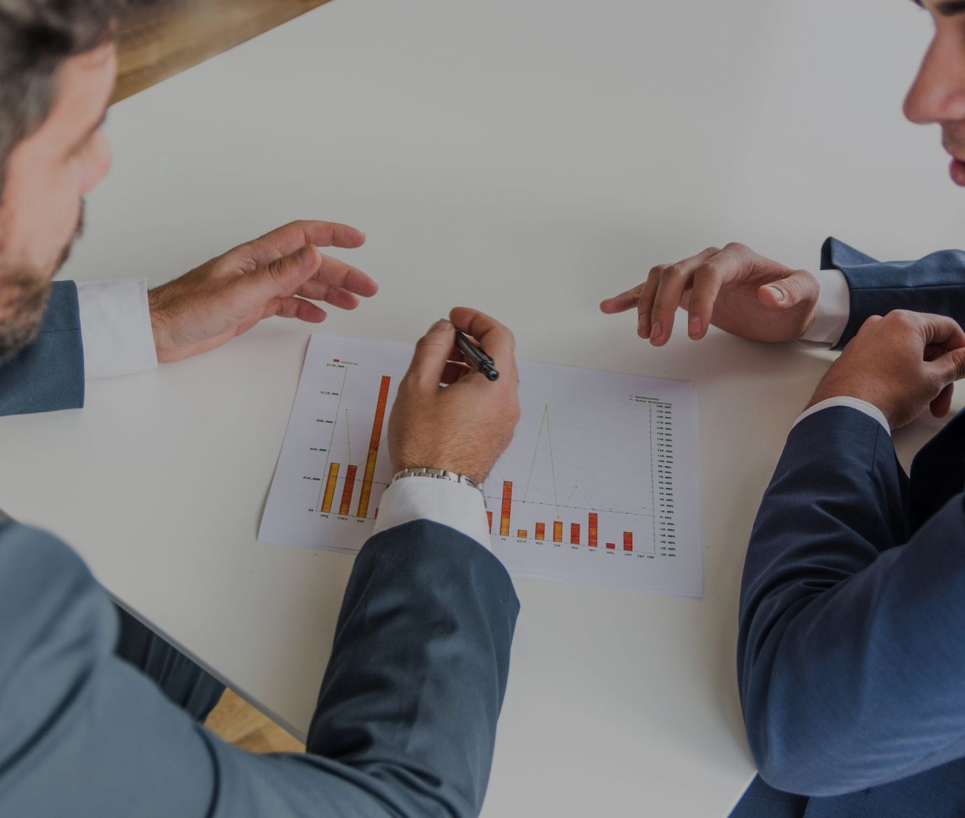 Duas pessoas a analisar gráficos de desempenho sobre uma mesa, num contexto de tomada de decisão.