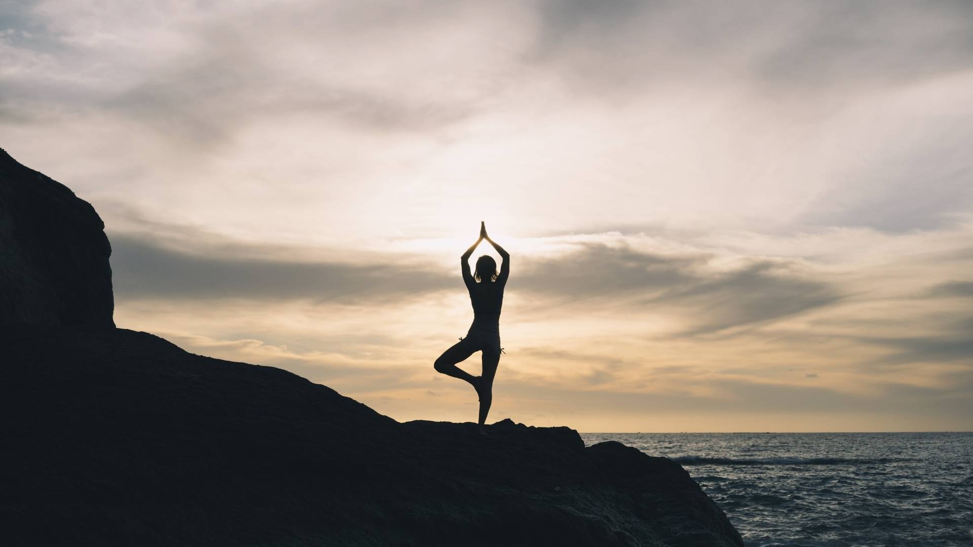 Silhueta de pessoa em equilíbrio junto ao mar, ilustrando o webinar sobre Psicologia Positiva e a procura de sentido na vida profissional.